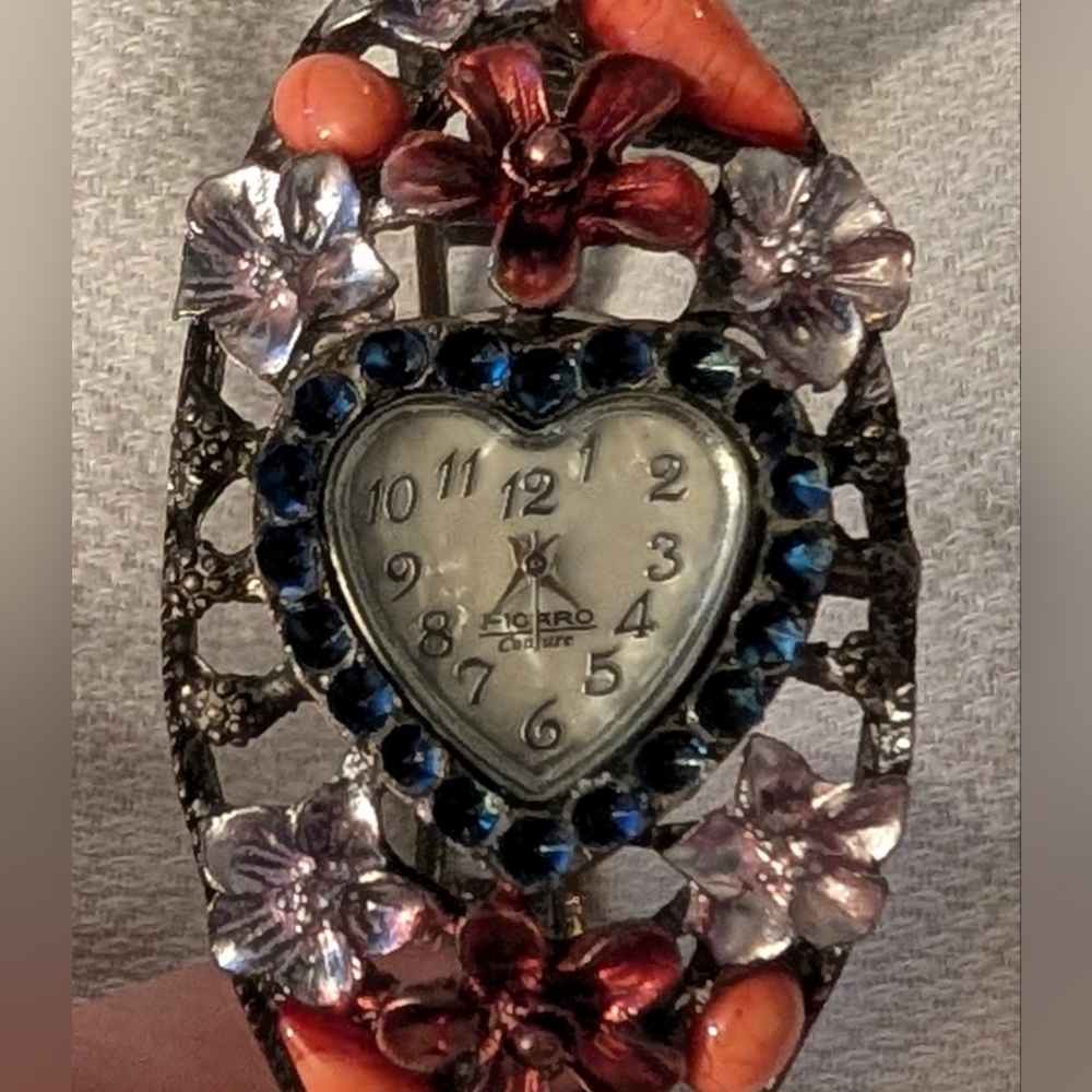 Figaro Floral Heart Watch with Blue Accents Cuff
